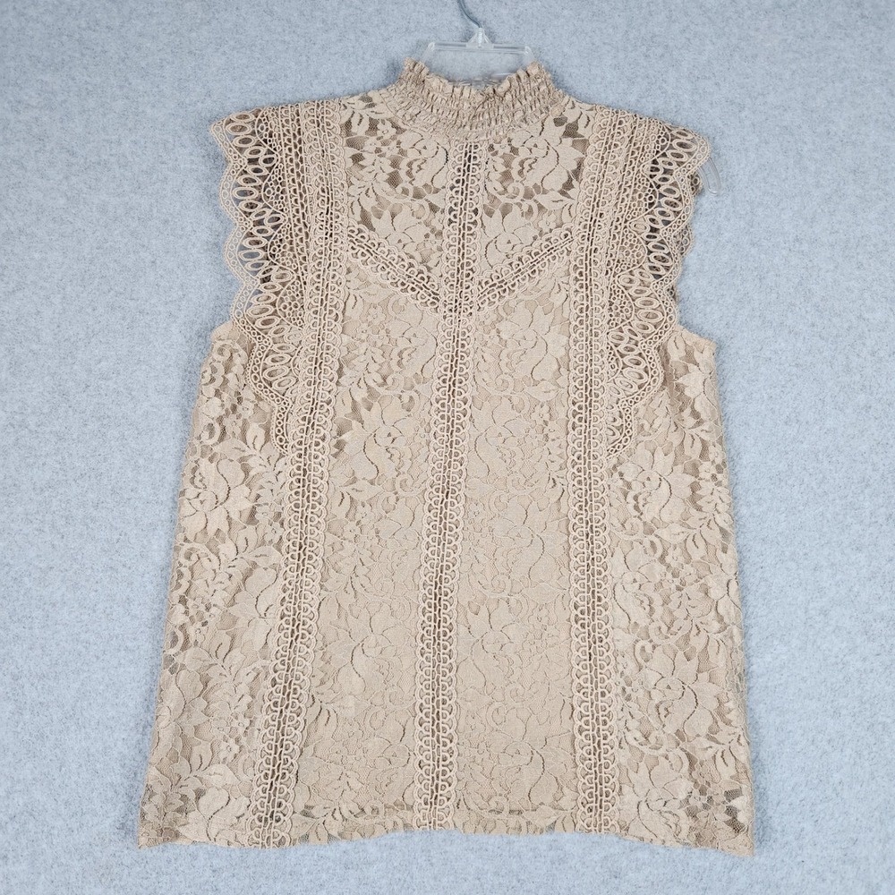 Cable & Gauge Tank Top Womens Medium Beige Floral Lace Crochet Smocked Mock Neck
